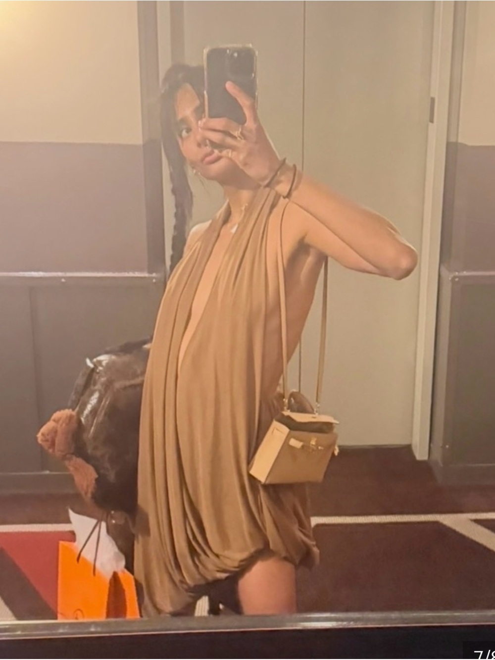 KOIR Stunning draped halter midi evening dress olive brown